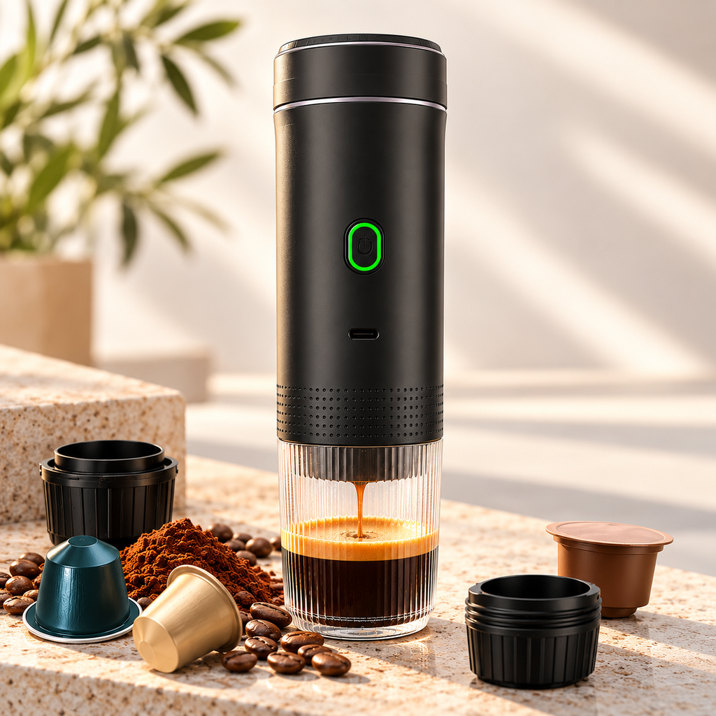 Cafetera Portátil 3 en 1 – Máquina de Café Espresso Compacta y Recargable para Cápsulas, Café Molido e Instantáneo