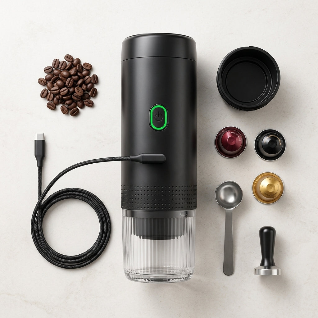 Cafetera Portátil 3 en 1 – Máquina de Café Espresso Compacta y Recargable para Cápsulas, Café Molido e Instantáneo